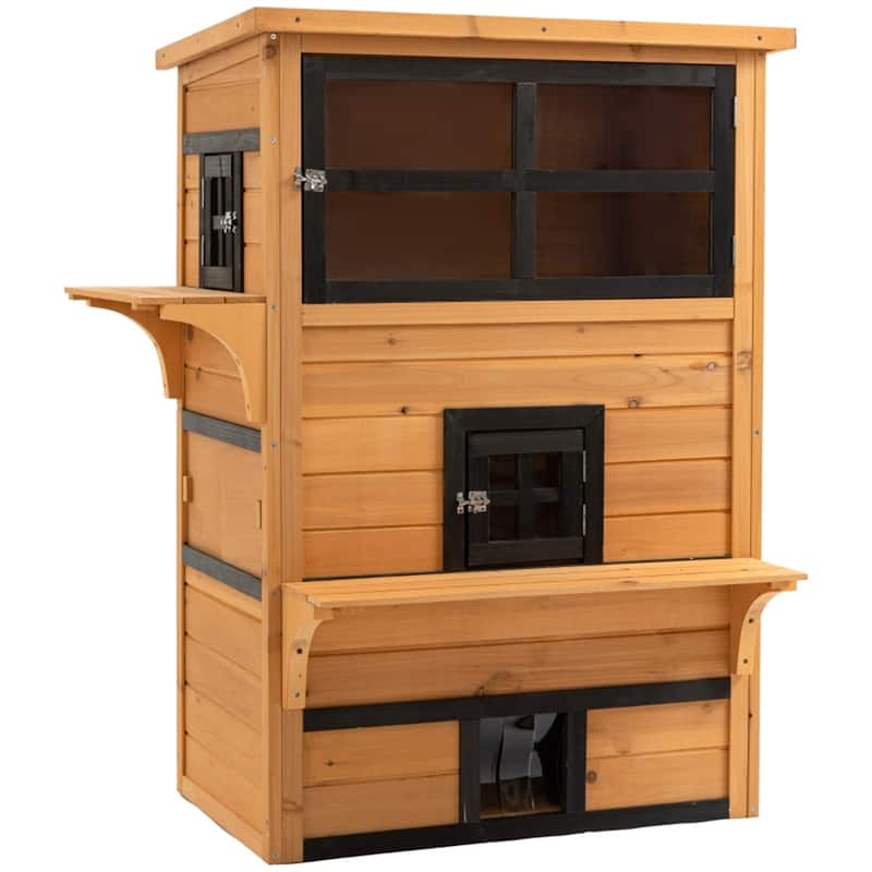 Outdoor Cat House with 5 Easy Access Doors, Escape Door, Jump Platform & Weather-Resistant Roof - 36.75" L x 26.5" W x 46" H