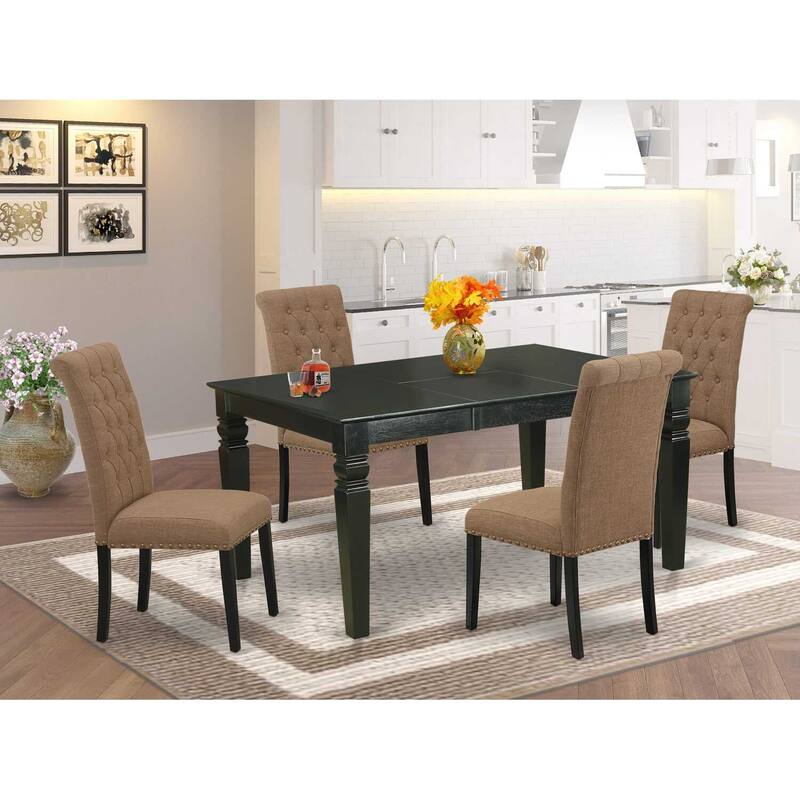 HomeStock 5-Piece Rectangle Black Finish Solid Wood Top Dining Table with 4 Parson Chair with Butterfly Leaf Lattice Back