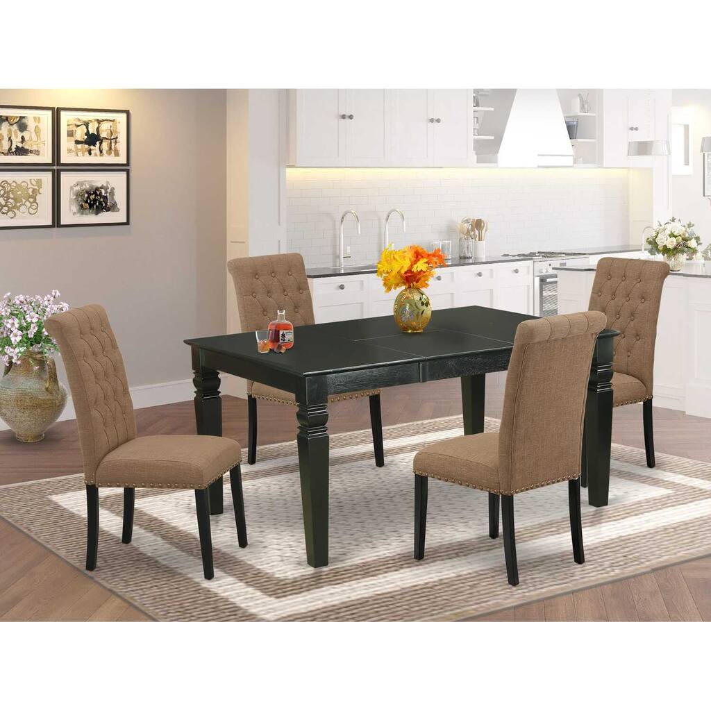 HomeStock 5-Piece Rectangle Black Finish Solid Wood Top Dining Table with 4 Parson Chair with Butterfly Leaf Lattice Back