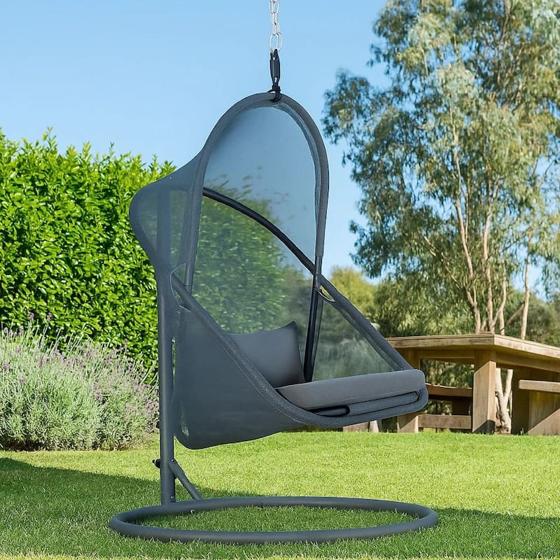 Cery Outdoor Hanging Swing Chair, Cushioned Dark Gray Mesh