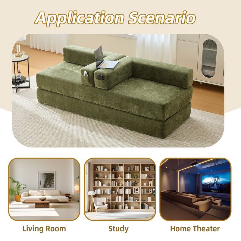 6-in-1 Folding Memory Foam Sleeper Sofa Bed Chenille Floor Chaise Lounge Couch with Side Pocket, Removable & Washable Cover
