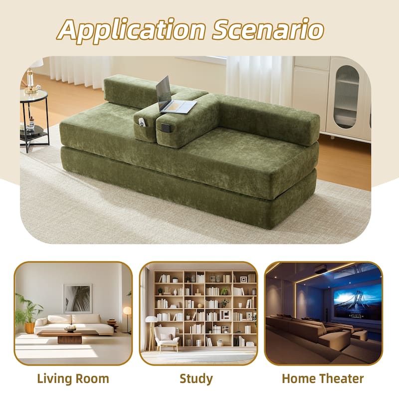 HOMEFUN Chenille Upholstered Convertible Foldable Memory Foam Sleeper Sofa with Pillows for Living Room