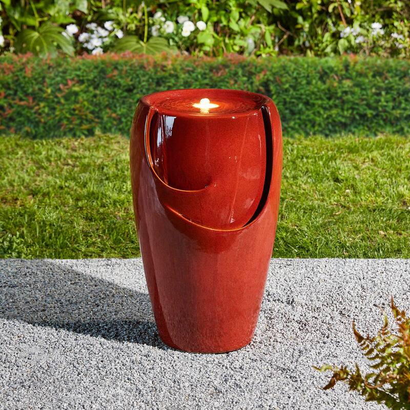 Glitzhome Oversized LED Lighted Ceramic Pot Floor Fountains for Outdoor Garden - Red - 21"H
