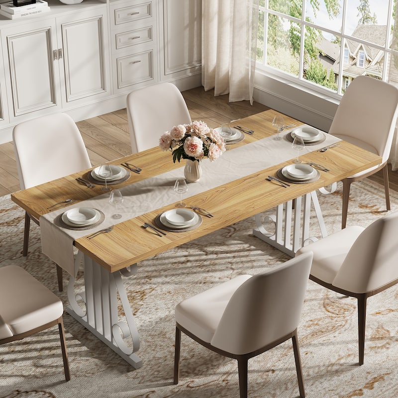 Rossetta Modern 70.9" Rectangular Faux Marble Top Dining Table with Adjustable Feet and Metal Frame - Natural