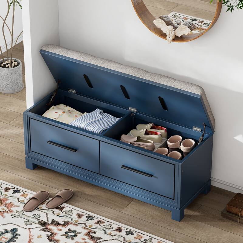 Upholstered Storage Bench for Entryway, Modern Wood Shoe Bench with Removable Cushion, Lift-Up Lid for Living Room