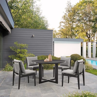 Cayman Outdoor Patio 5-Piece Round Dining Table Set in Aluminum with Grey Cushions