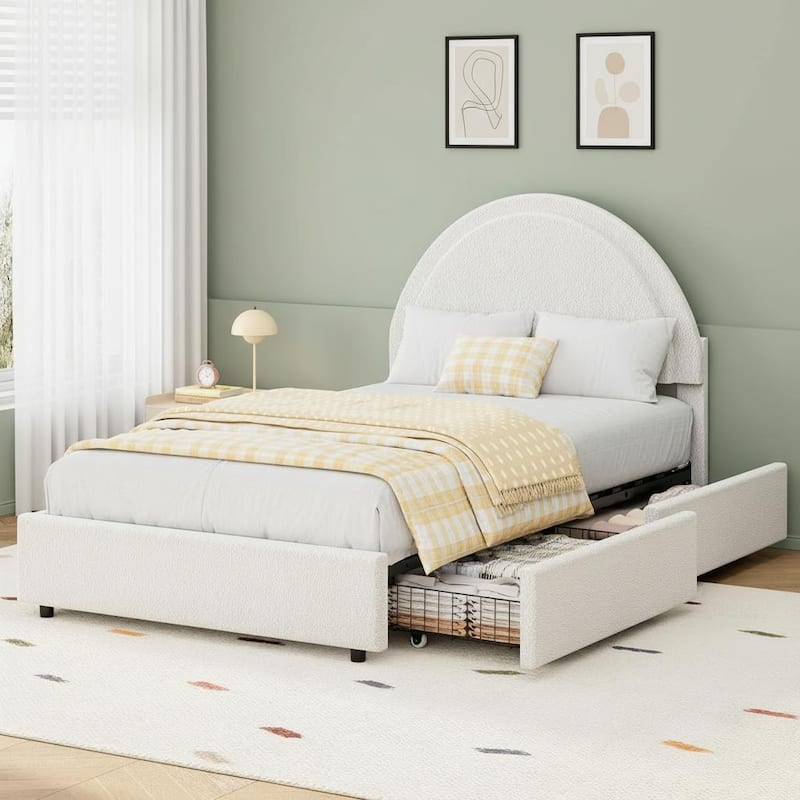 Boucle Upholstered Platform Bed Frame, with 2 Storage Drawers - White - Twin