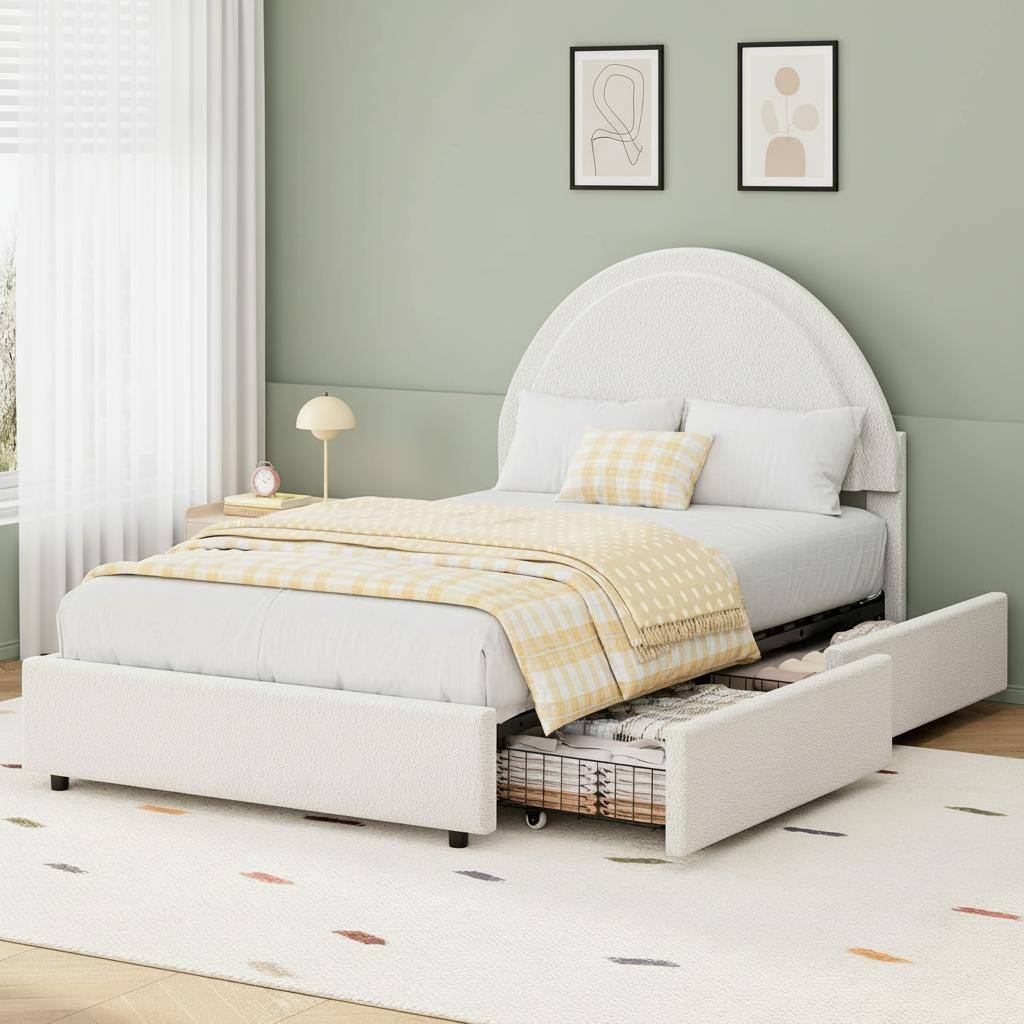 Boucle Upholstered Platform Bed Frame, with 2 Storage Drawers
