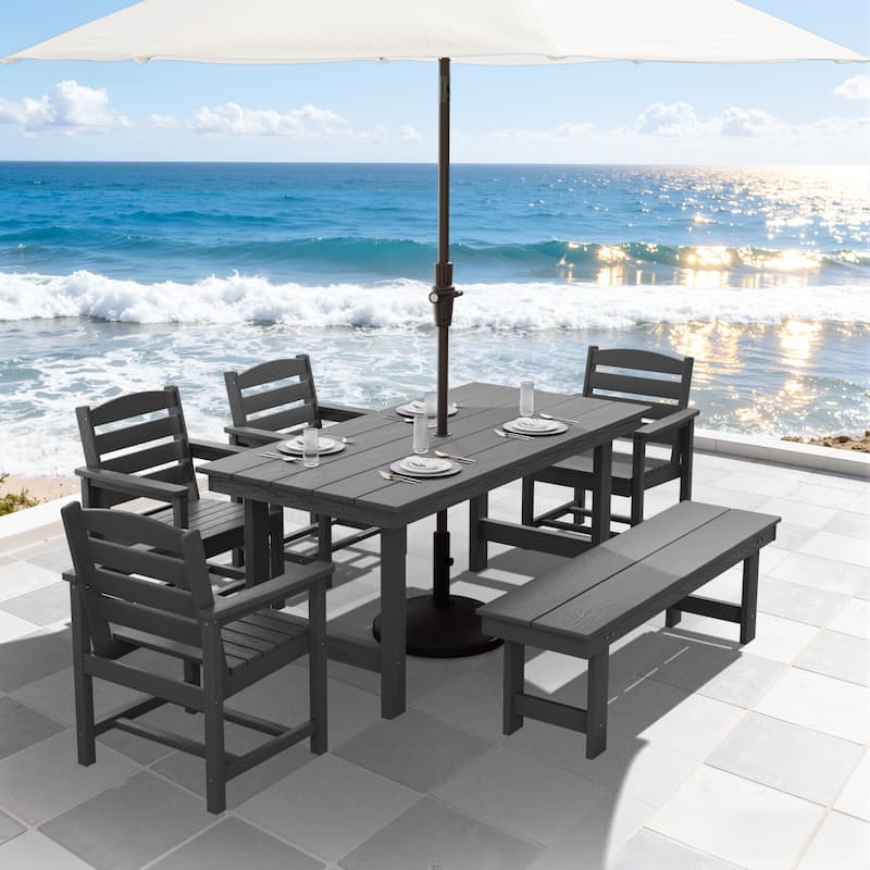 6-Piece HDPE Outdoor Dining Table Sets with Umbrella Hole - 1-Table 4-Chairs-1-Bench