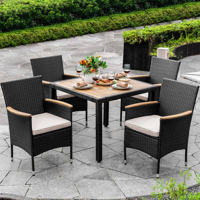 Acacia Wood Wicker Patio Dining Set with Cushions, Black - 5PCS