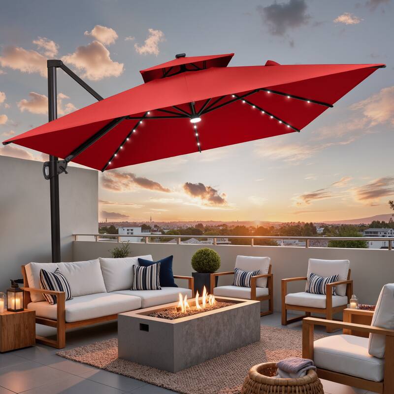 9 X 11 FT Outdoor Patio Cantilever Umbrella with Solar Lights Double Canopy 360 Rotation Tilt - Red