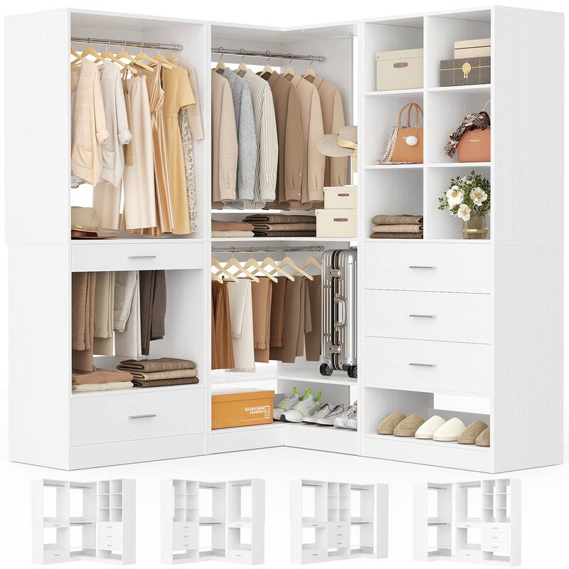 Qvella Corner Closet System with 4 Wooden Drawers & Hanging Rods & Pants Rack, Walk-in Closet Organizer System with Shoe Storage