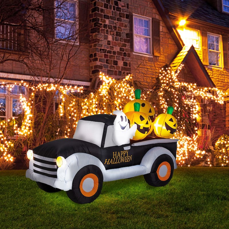Glitzhome 8ft Halloween Lighted Inflatable Truck with Jack-O-Lantern Pumpkins Yard Decor
