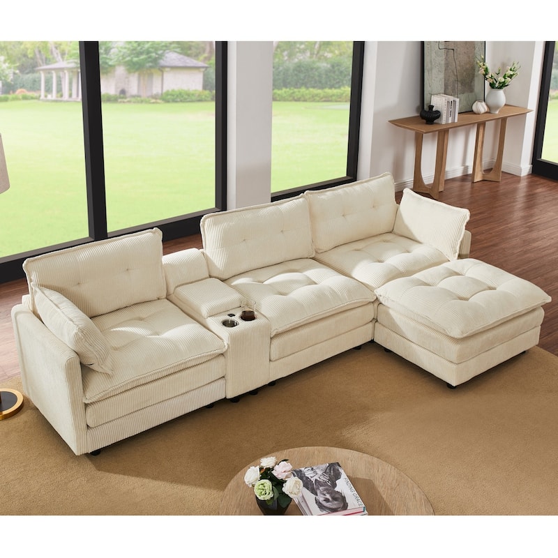 119.2" L-Shaped Corduroy Sectional Sofa with Console and Ottoman - Beige
