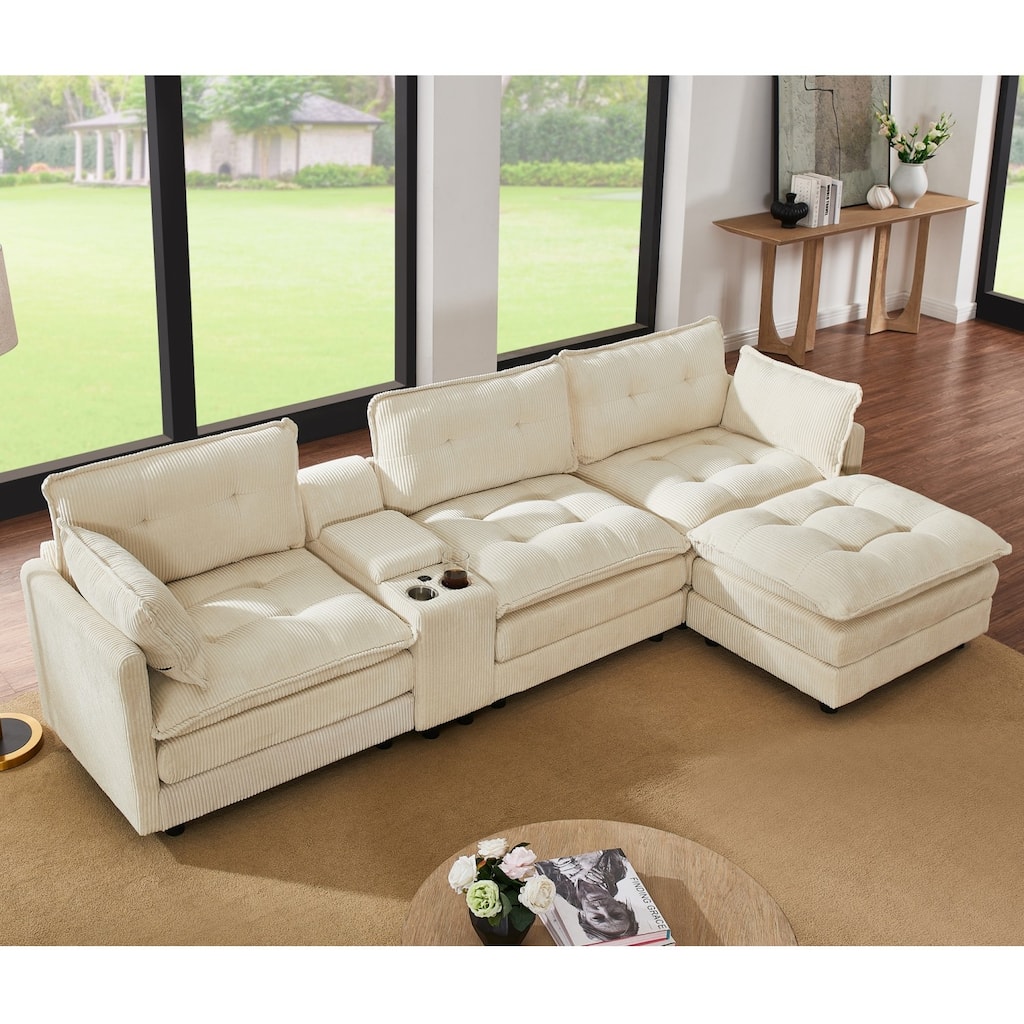 119.2" L-Shaped Corduroy Sectional Sofa with Console and Ottoman