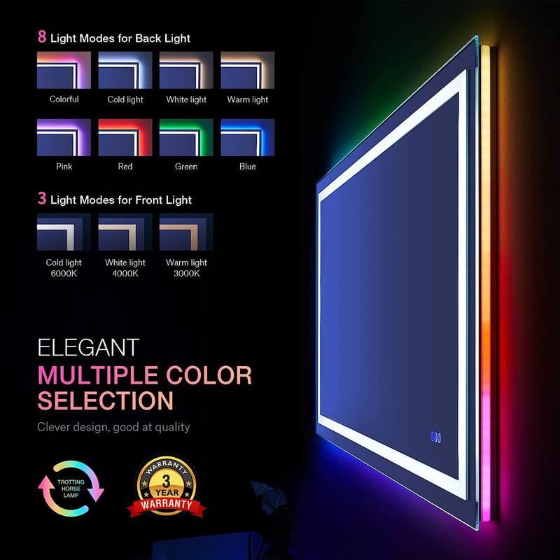 Super Bright RGB Backlit & LED Frontlit Anti-Fog Bathroom Vanity Mirror in Tempered Glass & ETL