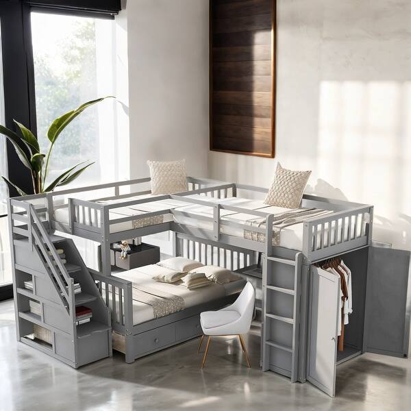slide 2 of 41, Twin-Twin Over Full L-Shaped Bunk Bed Grey