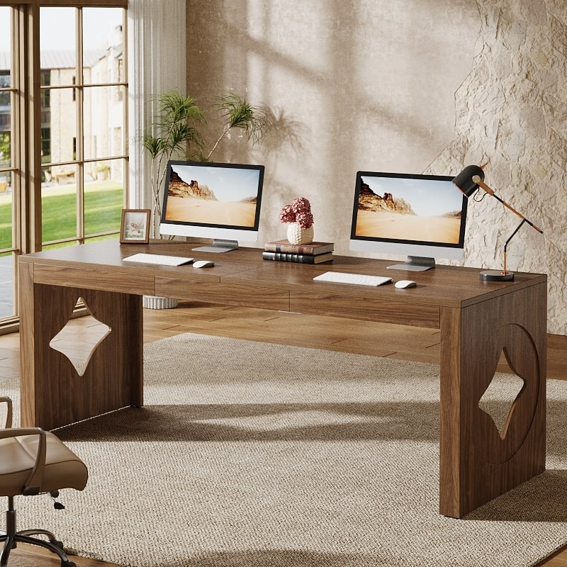 2 Person Desk, 78.74 Inches Extra Long Computer Desk - Brown