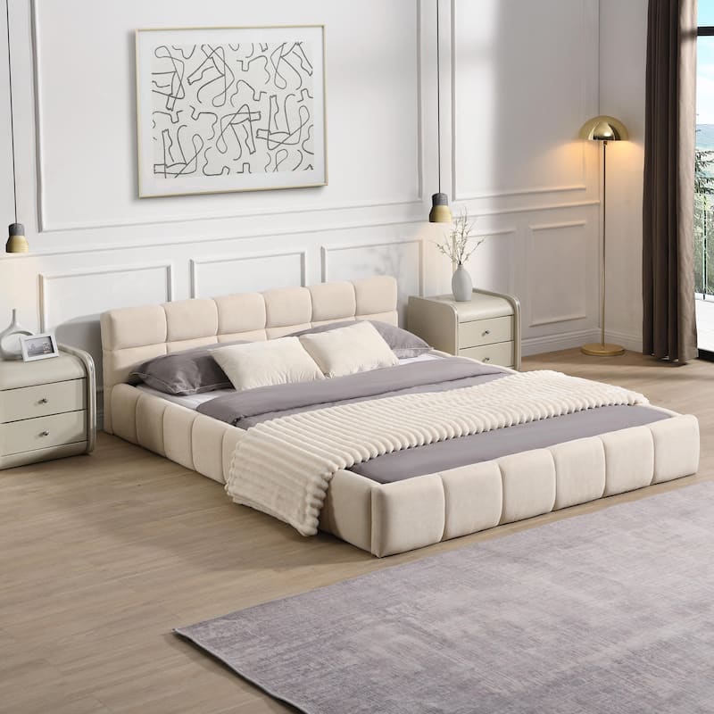 Elegant Beige Chenille Upholstered Bed with Checkerboard Pattern