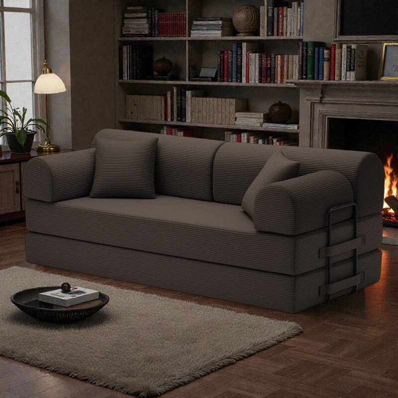 Convertible Sleeper Sofa Bed, 4-in-1 Corduroy Folding Floor Couch with Cylindrical Pillow, 2-Seat Space-Saving Lounge Sofa - Brown