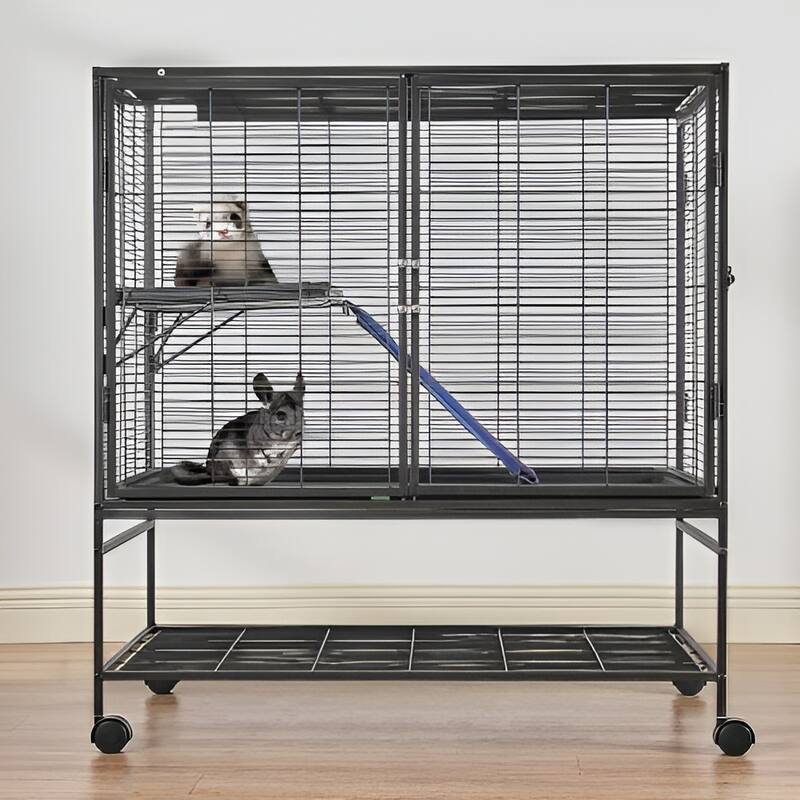 Black Iron & Plastic Pet Cage with Ramp, Wheels & Large Storage Shelf - 36.2"x22.8"x39.4"