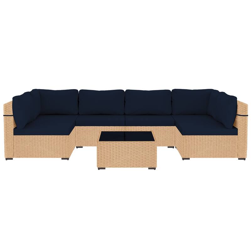 UPHA 7-Piece Wicker Outdoor Seating Group with Cushions - Navy Blue