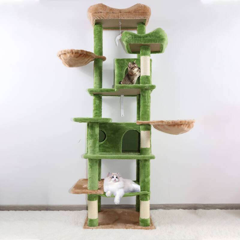 68 in Tall Multi-Level Green Cat Tree with Hammocks, Hanging Basket, Cat Cave, Removeable Cushion, Scratching Posts