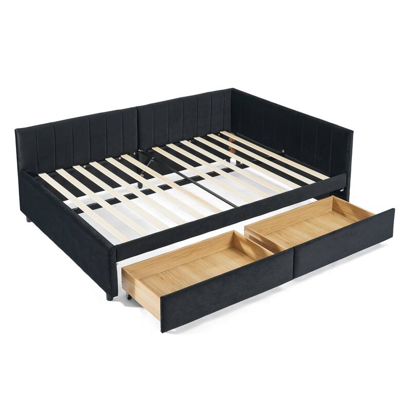 Full Size Upholstered Tufted Bed Frame with Two Drawers, Sofa Bed Frame with Comfortable Backrest and Armrests(79.5"x58"x25")