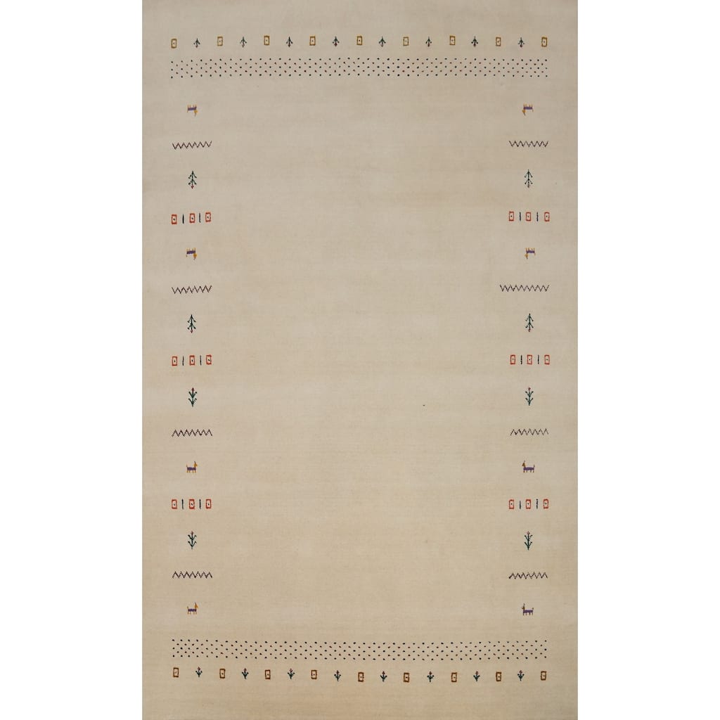 Hand Knotted Oriental 100% Wool Carpet Tribal Animal Pictorial Beige & Ivories Gabbeh Area Rug - 9' 10'' X 6' 7''