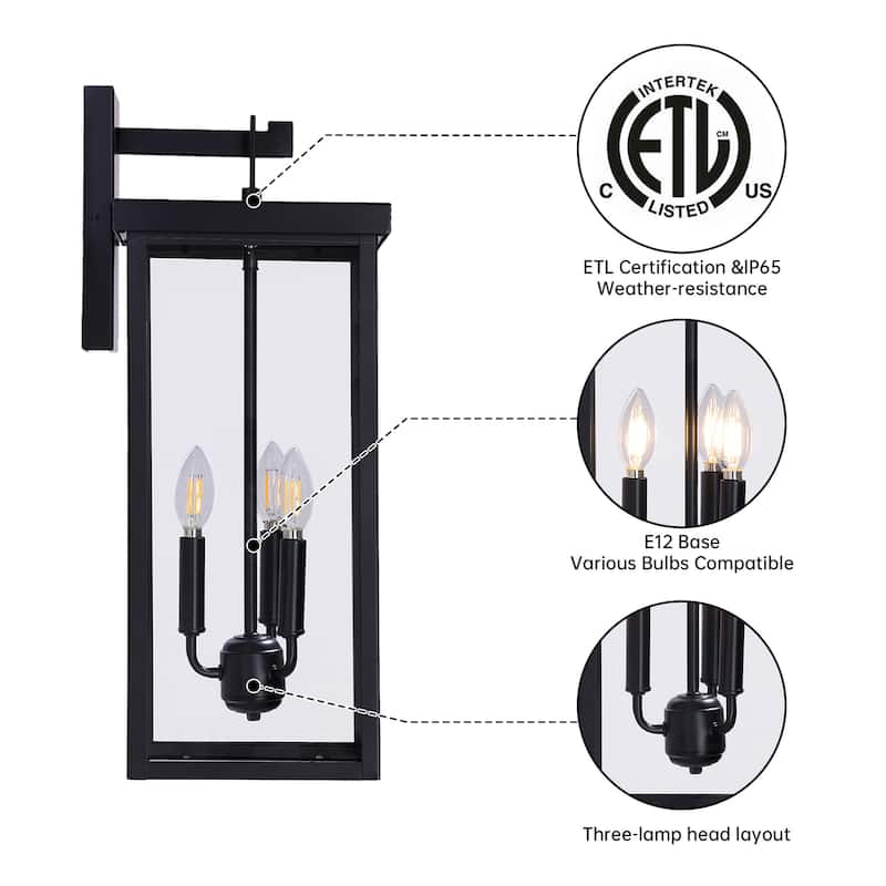 3-light Metal Outdoor Wall Sconce Candle Bulb Lantern(2-pack)