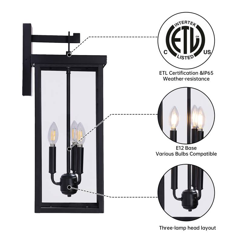 3-light Metal Outdoor Wall Sconce Candle Bulb Lantern