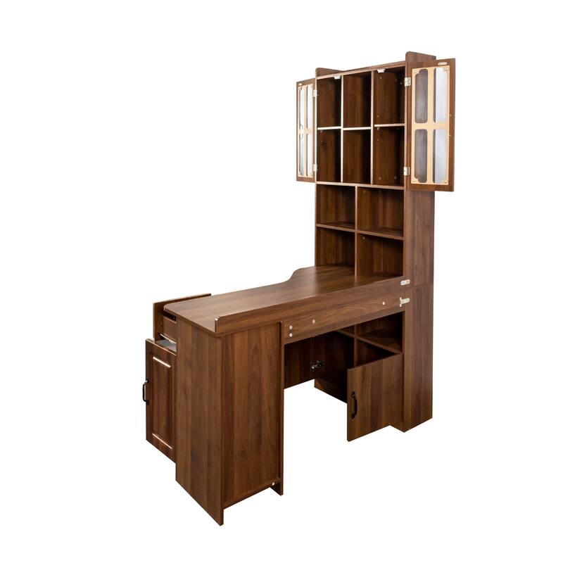 Roomfitters L-Shaped Corner Computer Desk with Hutch, Bookshelf & Cabinets, 2-in-1 Home Office Study Table with Drawer, Walnut