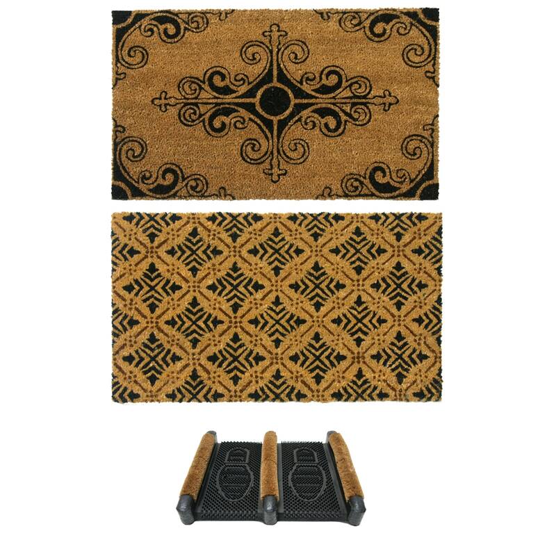 Rubber-Cal "French Provincial Doormat Kit" - 2 Coir Front Doormats and 1 Boot Scraper