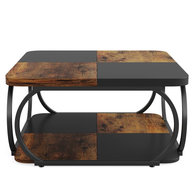 2-tier Square Coffee Table with Curved Metal Frame for Living Room
