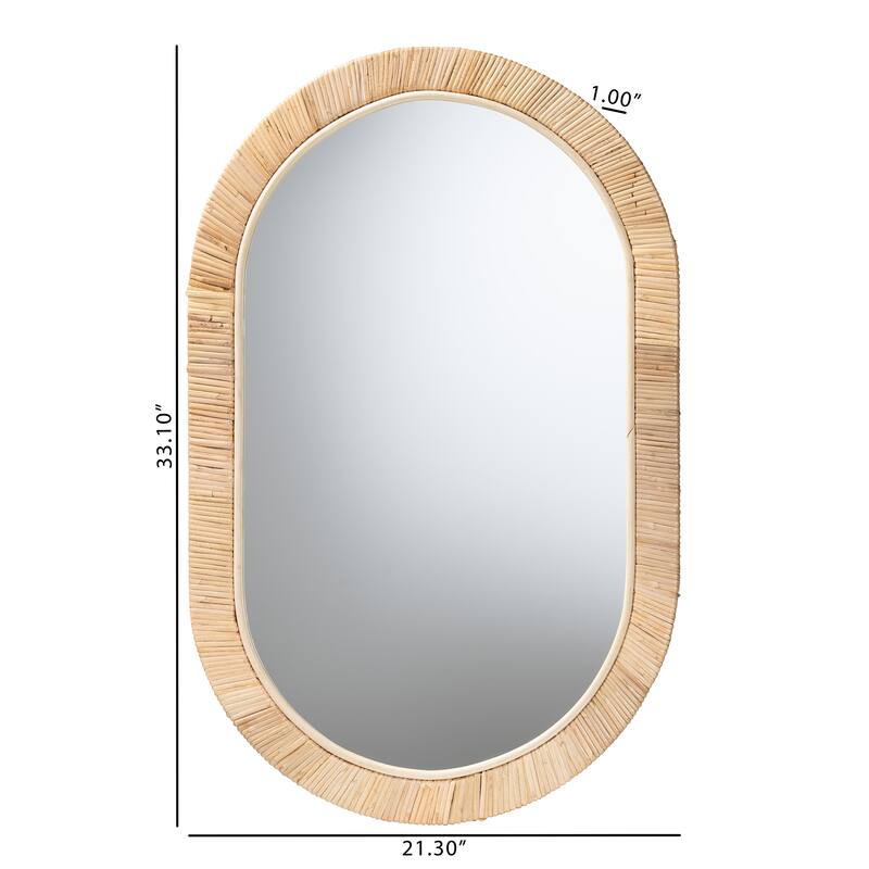 Bella Modern Bohemian Natural Brown Mahogany Wood and Natural Rattan Oval Mirror - Natural Brown
