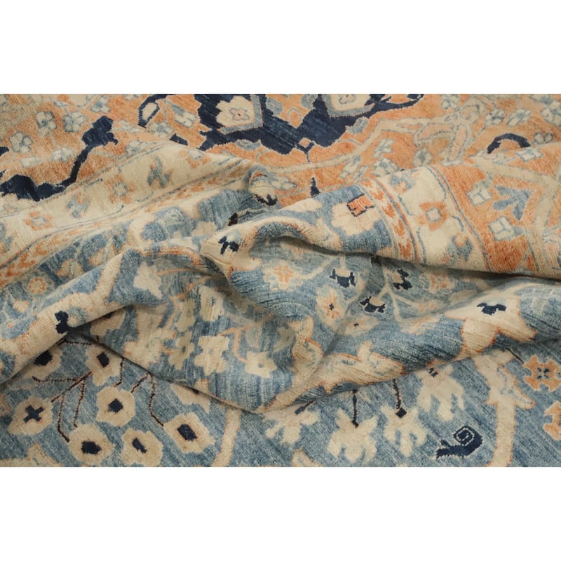Hand Knotted Traditional Wool Blue Geometric Area Rug - 12' 10'' X 10' 1''
