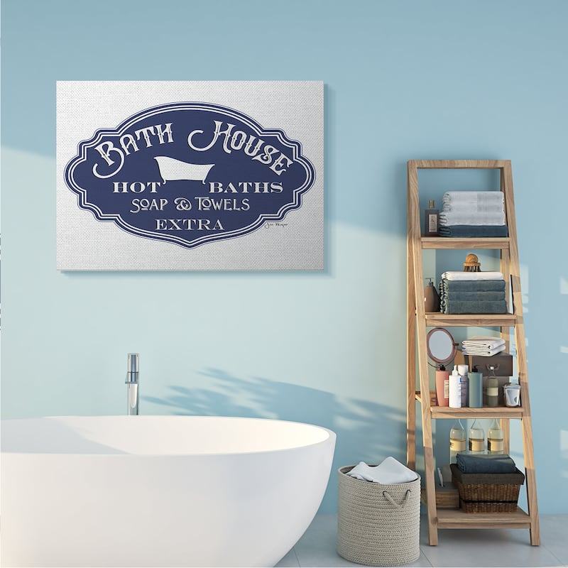 Stupell Vintage Bath House Sign Minimal Blue White Canvas Wall Art Design By Jill Meyer