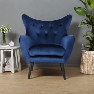 Velvet Mid-Century Armchair with Button Tufting and Oak Wood Frame(Wingback Design)