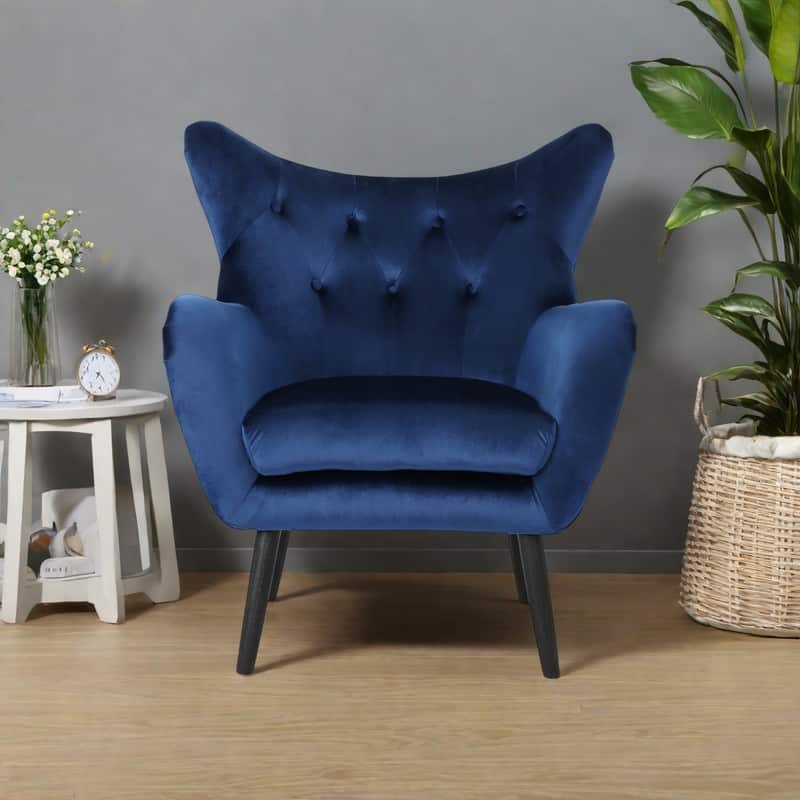 Velvet Mid-Century Armchair with Button Tufting and Oak Wood Frame(Wingback Design)