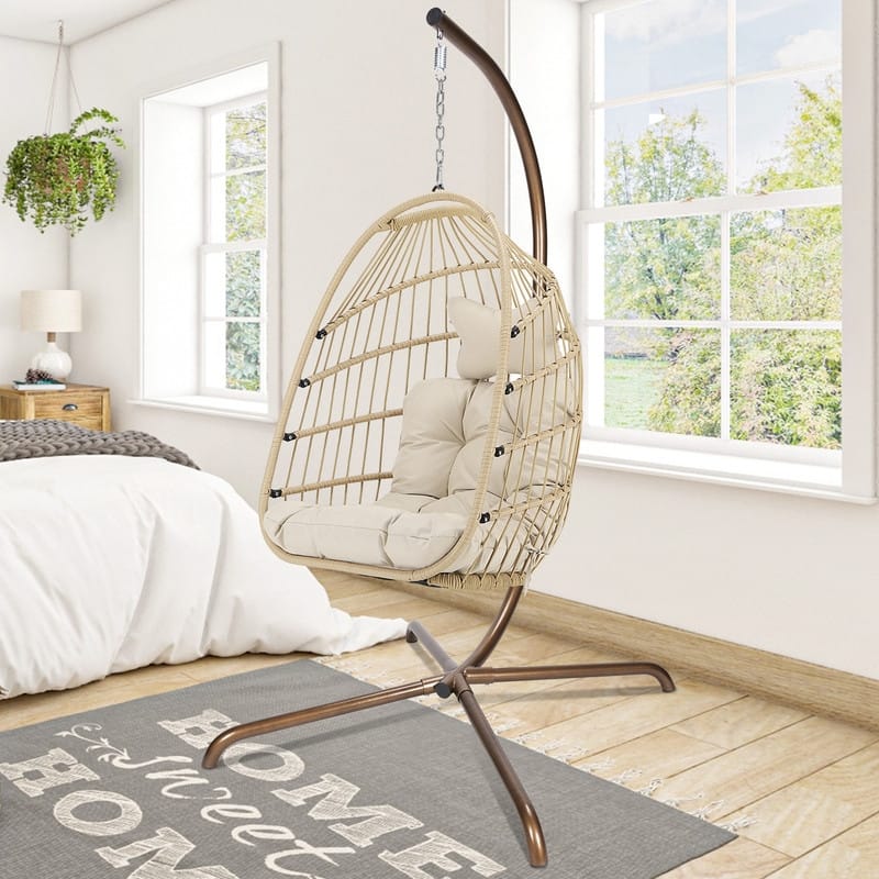FINCATI Indoor Royal Oversized Hanging Egg Chair with Stand, 350 lbs Outdoor Egg Swing Chair with Stand, Cozy Egg Chair Swing - Beige