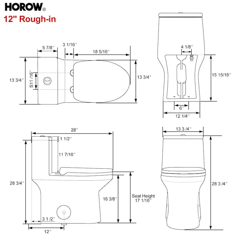 HOROW One-piece 0.8 GPF/1.28 GPF High Efficiency Dual Flush Elongated Toilet in. White Soft-Close Seat Included ADA Height