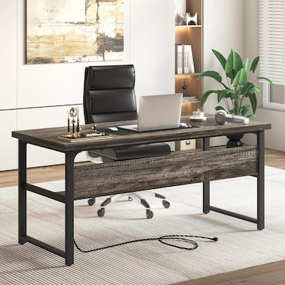 Executive Desk Computer Desk with Extra Thick Tabletop, Simple Office Desk Workstation Study Writing Table with Power Outlets