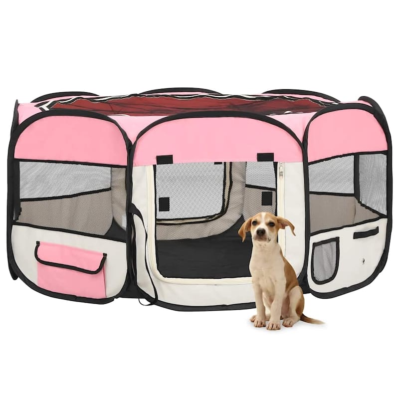 vidaXL Foldable Dog Playpen with Carrying Bag Dog Kennel Puppy Run Playpen - 57.1" x 57.1" x 24" - Pink and cream