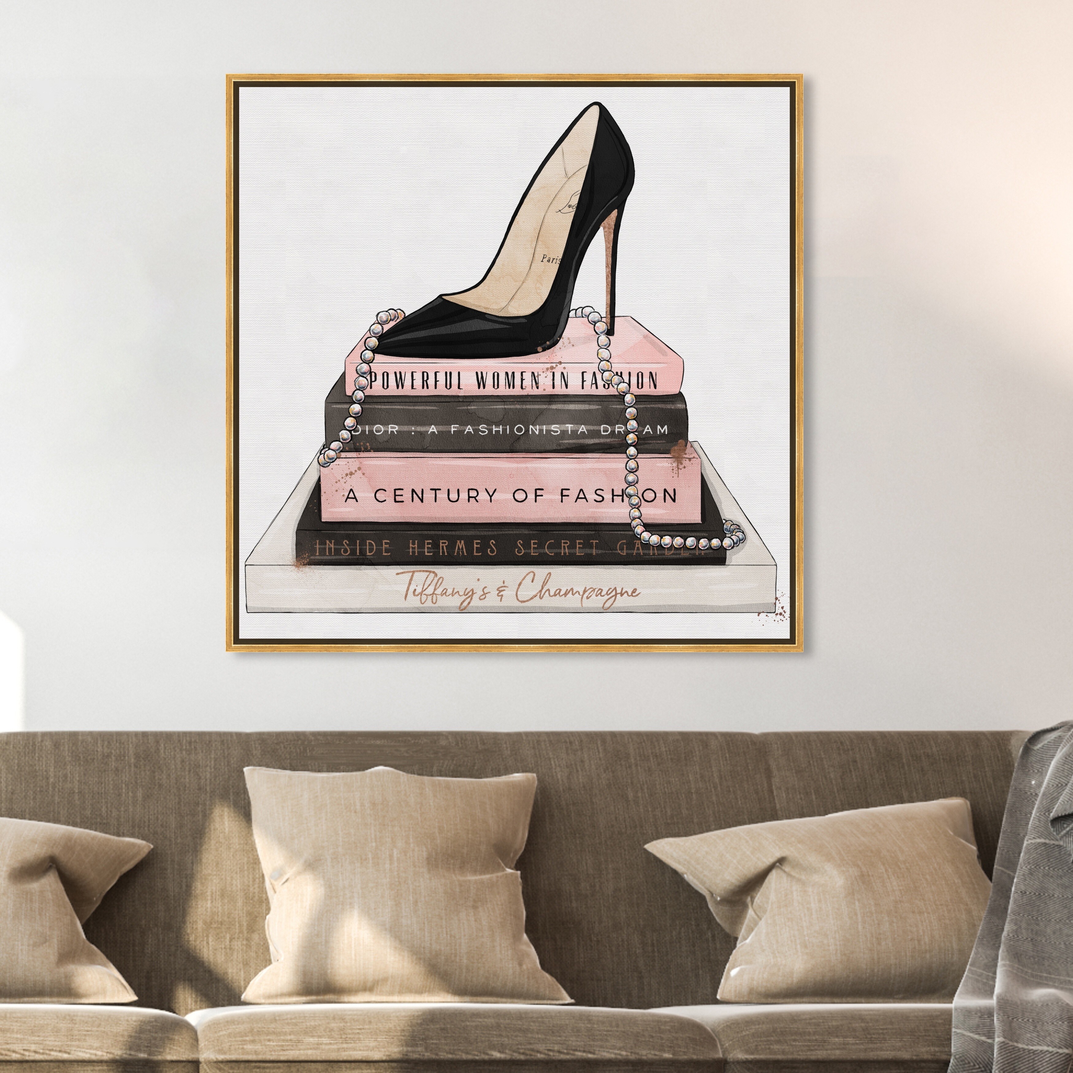 Oliver Gal Fashion and Glam Wall Art Framed Canvas Prints 'Classic Stiletto  and High Fashion Books' Shoes - Black, Pink - Bed Bath & Beyond - 30896913