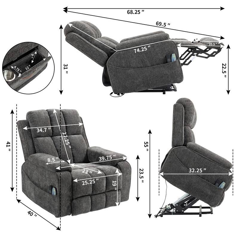 Power Lift Recliner with Extended Footrest,Overstuffed Chenille Dual Motor Recliners with Heat/Message,USB Type C Charging