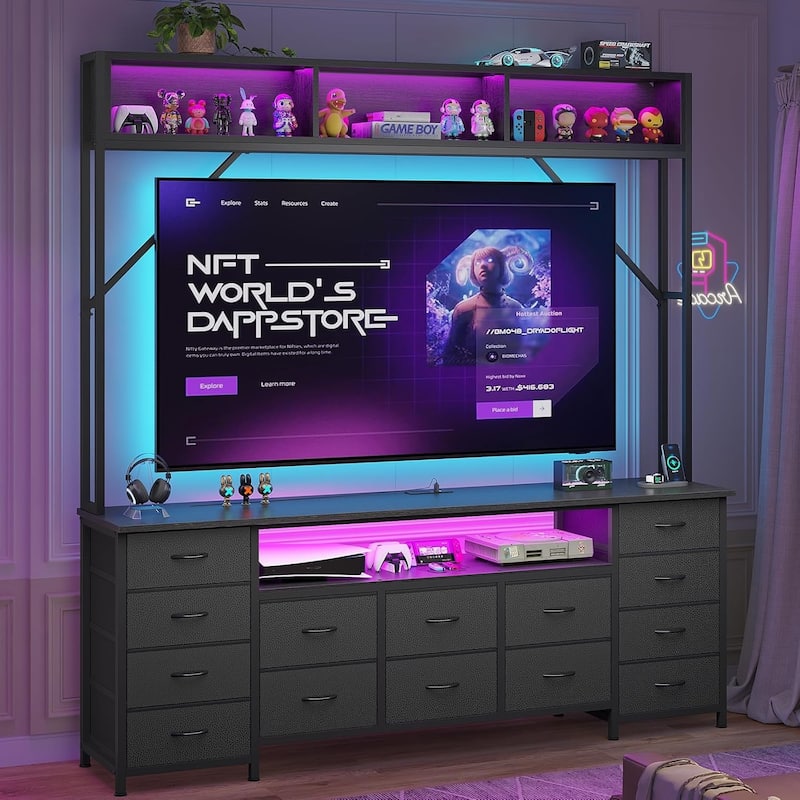 TV Stand for Living Room with LED Lights & Power Outlets TV Stand Dresser - Black - 12 PU Fabric Drawers