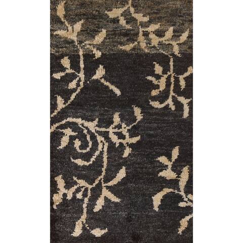 Black Floral Contemporary Area Rug Handmade Jute Carpet - 2'10"x 5'2"