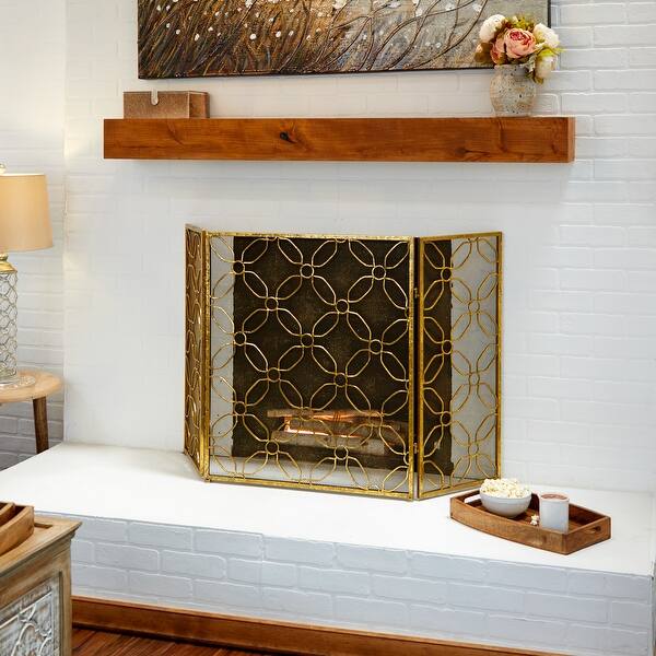 slide 1 of 17, Gold Tin Contemporary Wood Fireplace Screen Pattern 31 x 53 x 1