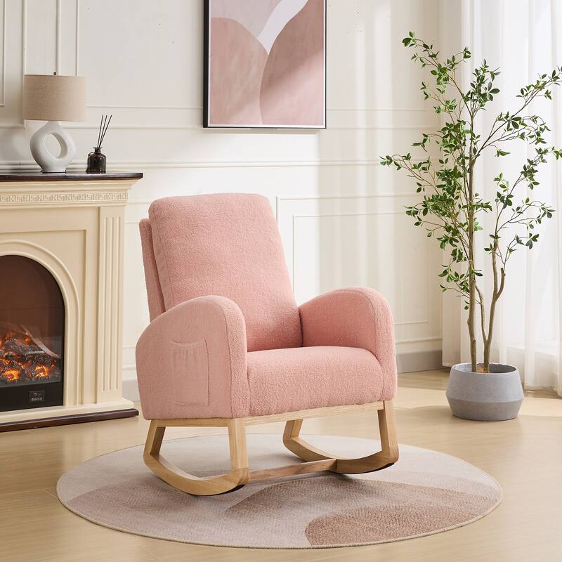 27.2"W Rocking Chair Side Chair with High Back and Side Pocket, Accent Chair Pink Armchair with Wood Legs