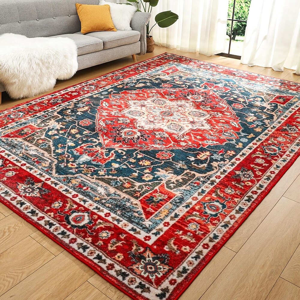 Soft Area Rug 5x7, Washable Rug Low-Pile Vintage Rugs,Red - Bed